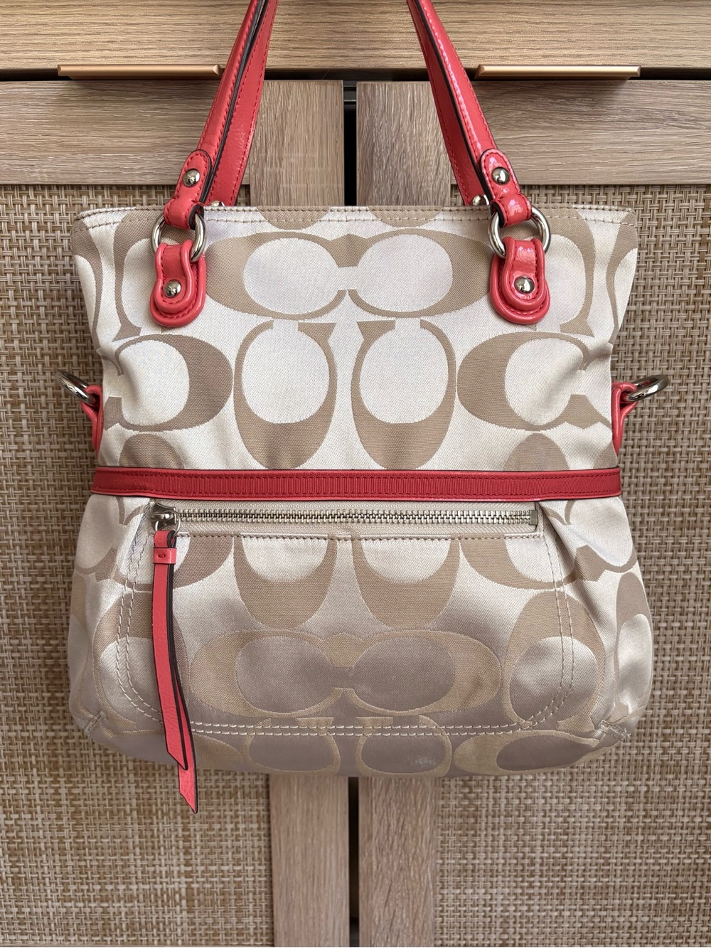 COACH Poppy Signature Sateen Coral Pink Champagne Satchel Bag Handbag 19862